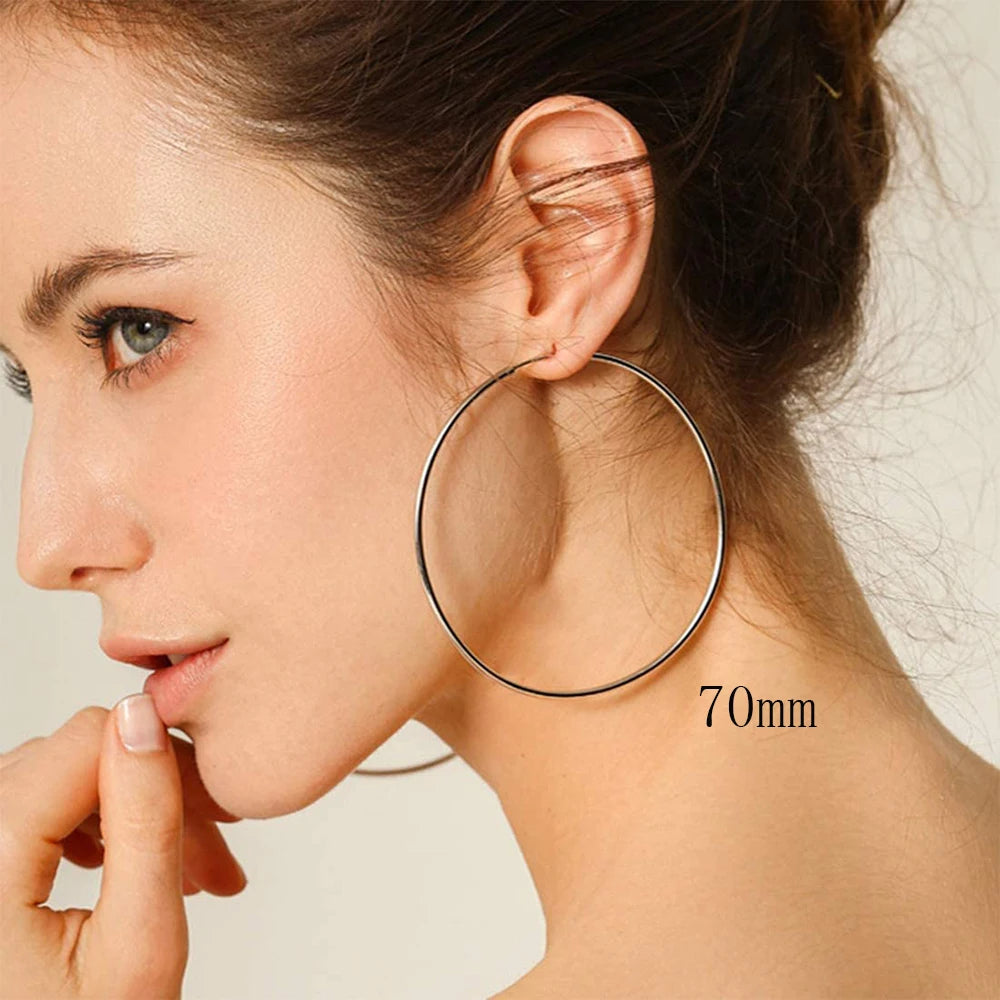 Stainless Steel Big Earrings Smooth Large Hoops Exaggerate Round Loop Ear Ring for Women Jewelry 20-90mm