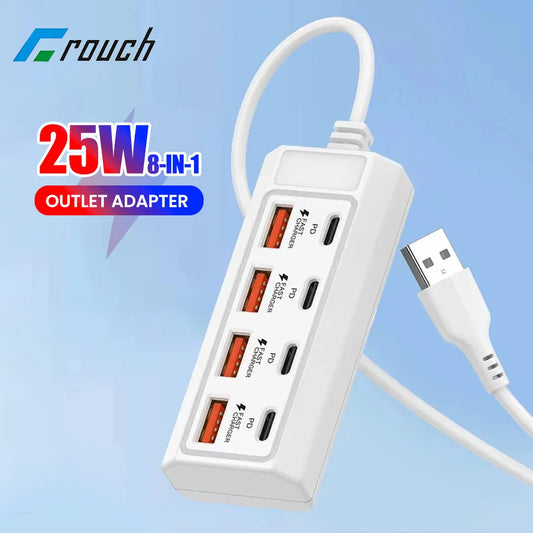 8 in 1 USB Electrical Socket 25W Fast Charging Power Outlet Adapter Docking Stations USB Splitter Converter USB Extension Socket