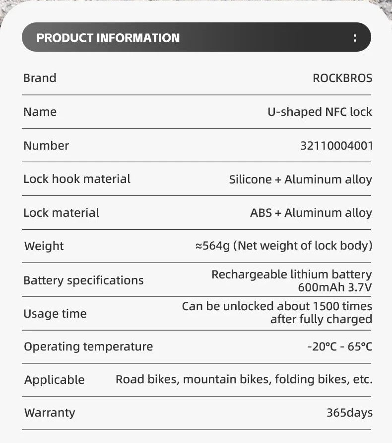 ROCKBROS Bicycle Smart Lock NFC Lock Aluminum Alloy High Strength Waterproof Anti-theft Safety U-Shape Lock MTB Road Bike Cyclin