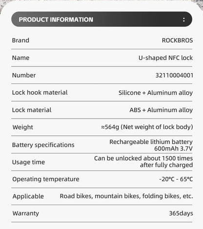 ROCKBROS Bicycle Smart Lock NFC Lock Aluminum Alloy High Strength Waterproof Anti-theft Safety U-Shape Lock MTB Road Bike Cyclin