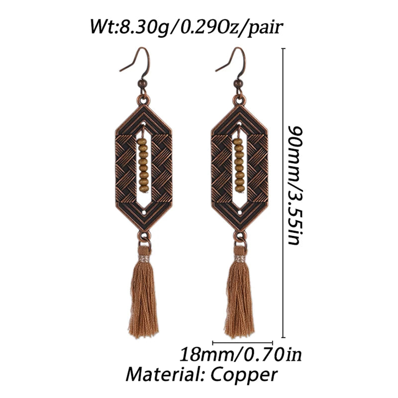 Bohemian Brown Geometric Fringe Earrings for Women Vintage Hollow Flower Beads Tassel Earrings Girls Party Jewelry Gifts