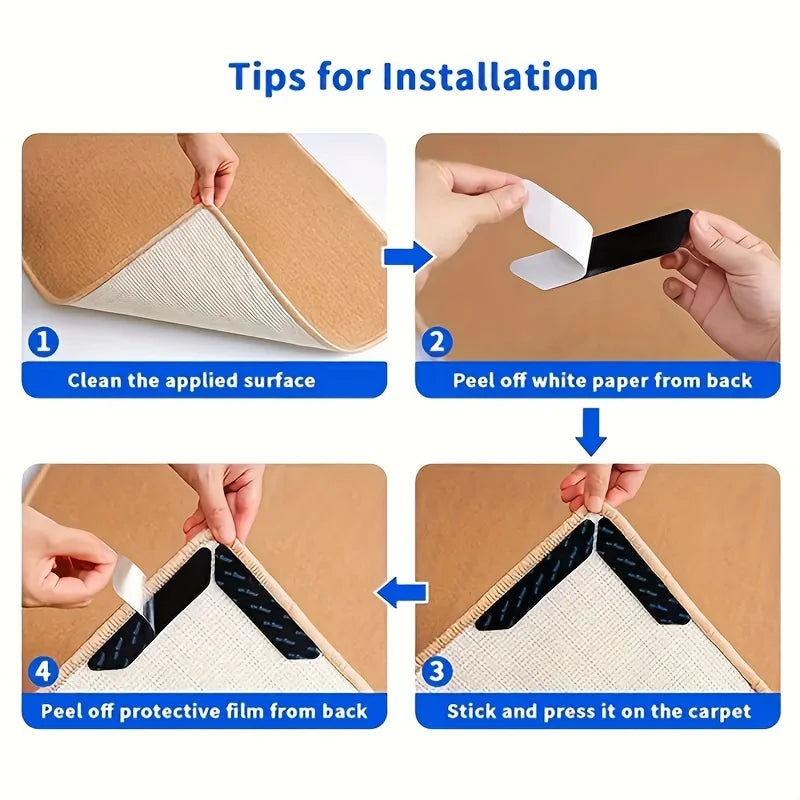 4pcs L-shaped anti slip carpet clip sticker, anti slip carpet corner rubber pad, used for safety and floor protection