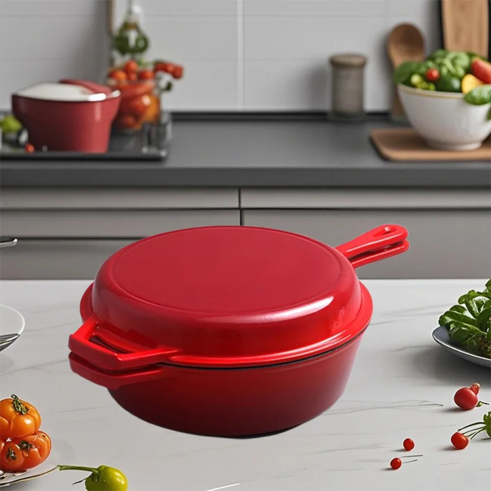 2 in 1 Enameled Cast Iron Pot with Lid 11 Inch Cast Iron Dutch Oven & Skillet Combo, Enameled Cast Iron Cookware with Lid