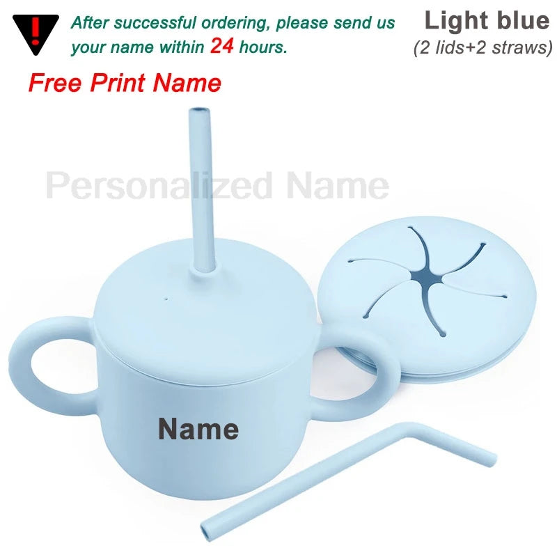 Food Grade Silicone Baby Feeding Cups Personalized Name Children Learn Drinking Cups Sippy Cups Kids Toddlers Straw Water Bottle