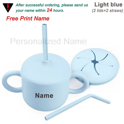 Food Grade Silicone Baby Feeding Cups Personalized Name Children Learn Drinking Cups Sippy Cups Kids Toddlers Straw Water Bottle