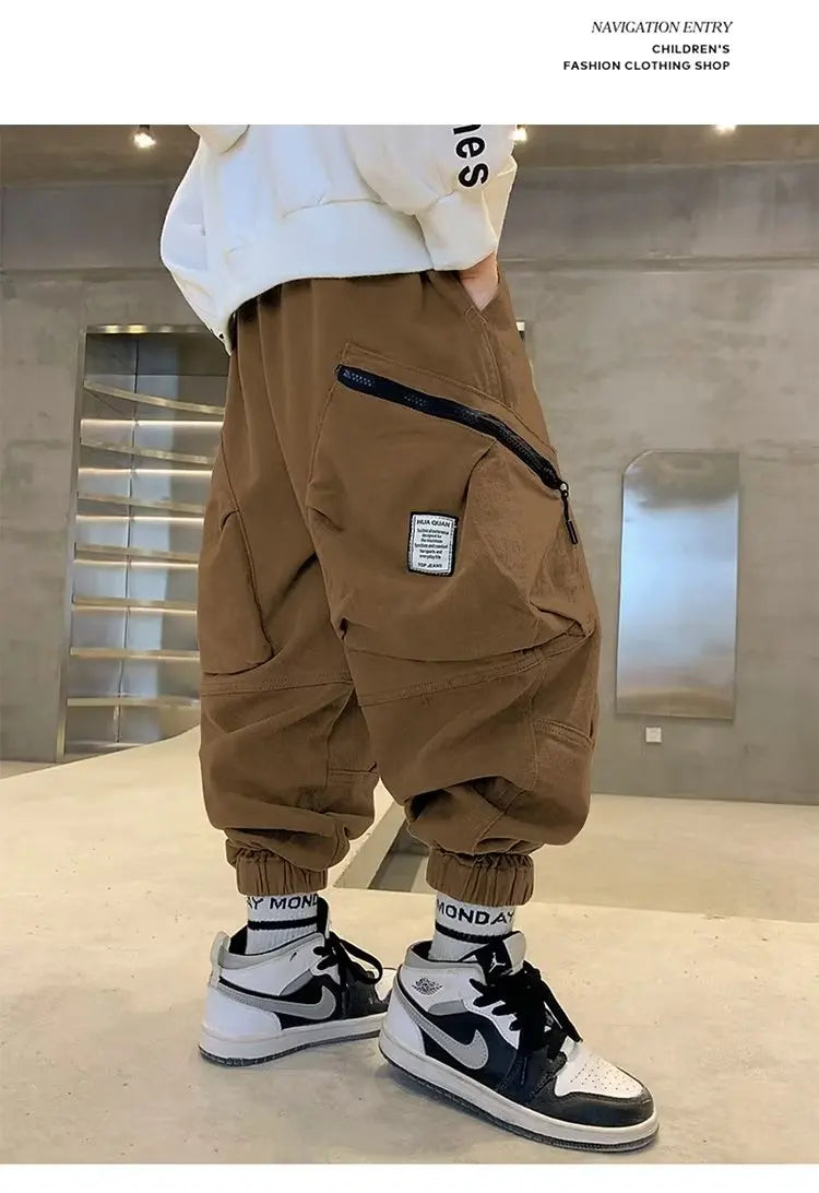 Boys Spring Autumn Children's Clothing Cargo Pants Children's Casual Large Size Sweatpants Boys Fashion Fake Zippers Cargo Pants