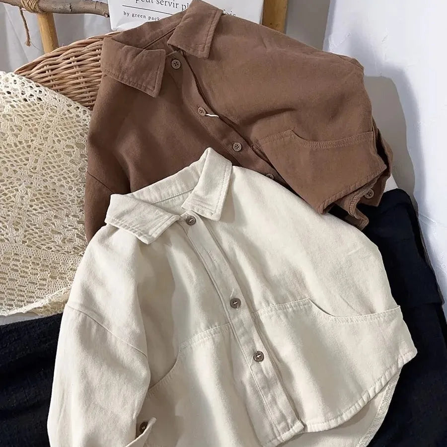 Boys' Shirt Spring and Autumn New Girls' Cotton Long sleeved Shirt Baby Solid Color Top Children's Cardigan