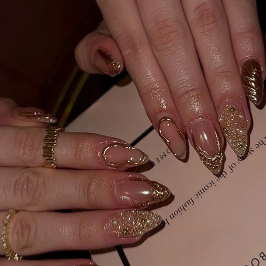 24pcs Golden Almond Press on Nails Simple False Nails Wearable Stick-on Nail Fake Nails Uñas Postizas Mujer Накладные Ногти 네일팁