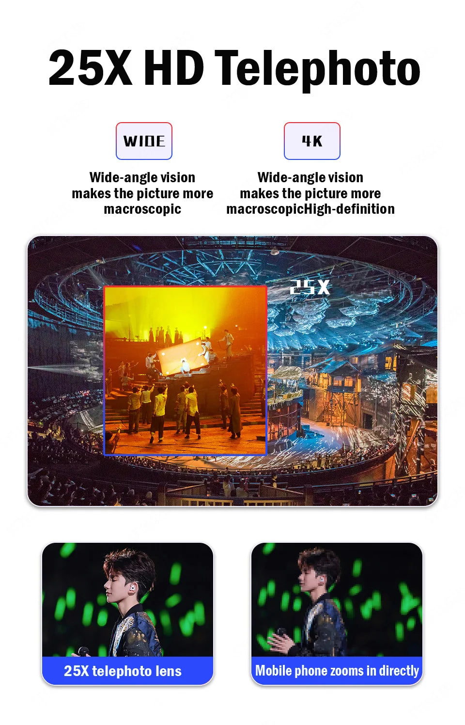 25X Phone Telephoto Lens Kit Phone Holder Portable Tripod Stabilizer Highpower Zoom Concerts Contest Outdoor Observation Animal