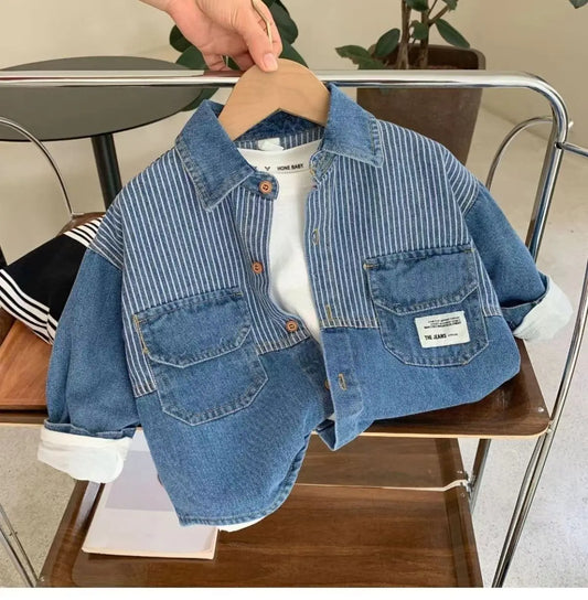 Children's Shirts 2025 Autumn New Boys' Striped Denim Shirt Baby Korean Version Fashionable Tops Jacket