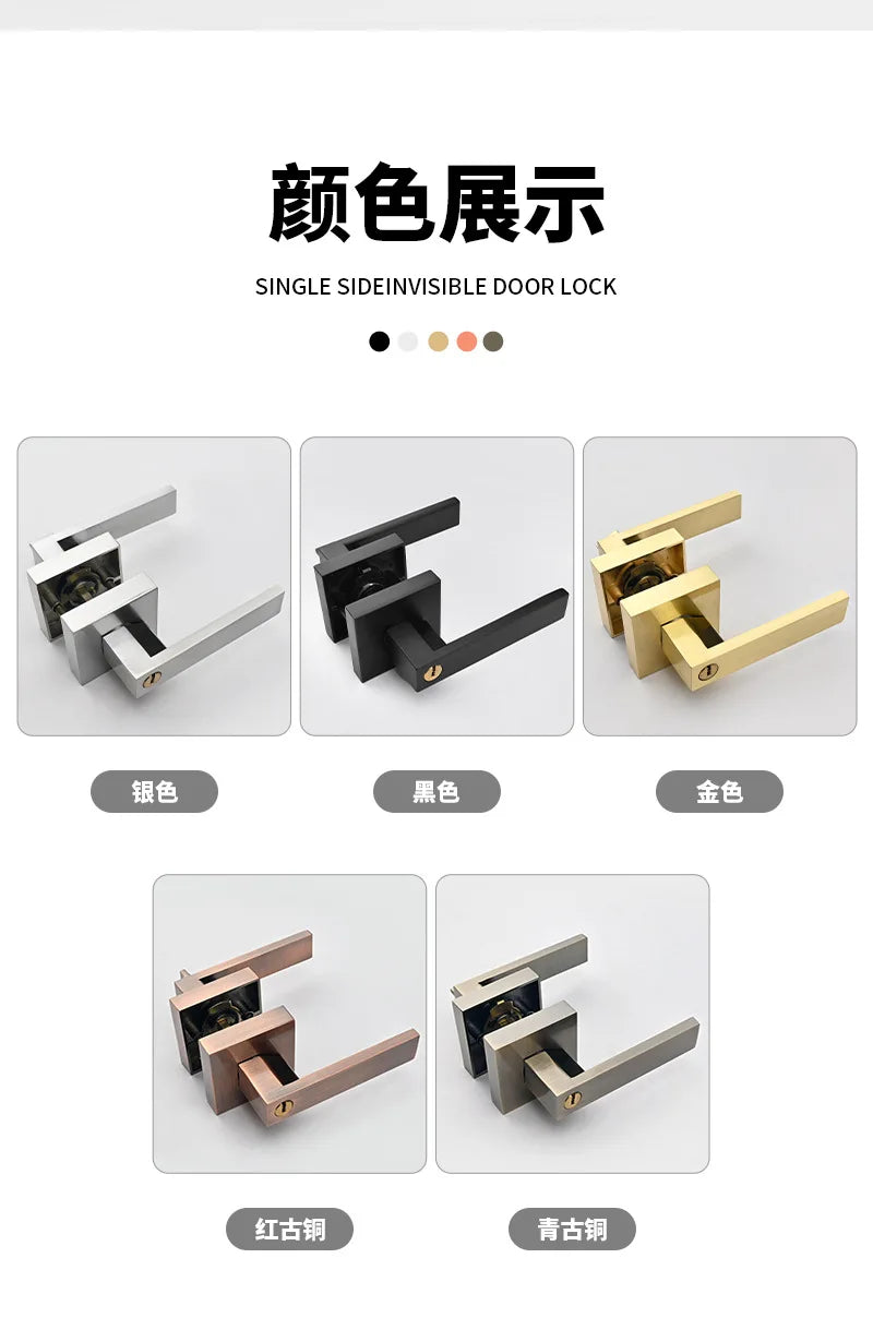 Indoor Door Lock, Aluminum Alloy Handle  Adjustable Room Wooden Door Handle Square Minimalist American Heavy-duty Three Bar Lock