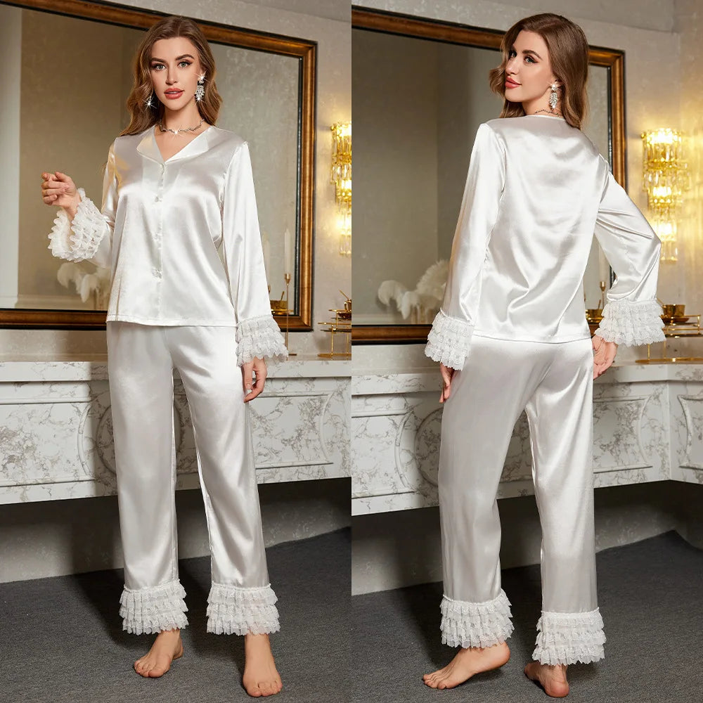 Womens Silk Satin Pajamas Sleepwear Women's Lace Cuff Loungewear Suit Female Sleep Two Piece Set