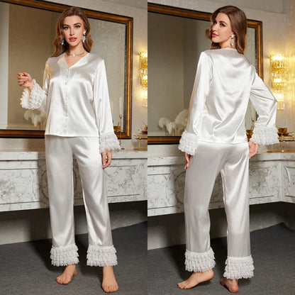 Womens Silk Satin Pajamas Sleepwear Women's Lace Cuff Loungewear Suit Female Sleep Two Piece Set