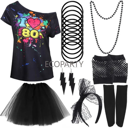 80s Fancy Dress Accessories Women Party Costume Set Adult Tutu Skirt Neon Fishnet Gloves Beaded Necklace Bracelet Earrings