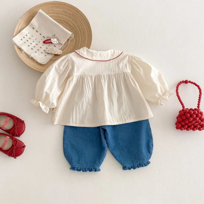 Girls Fashion Shirt 2025 New Spring Baby Korean Long Sleeve Shirt Children Spring Strawberry Peter Pan Collar Top