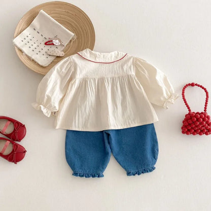 Girls Fashion Shirt 2025 New Spring Baby Korean Long Sleeve Shirt Children Spring Strawberry Peter Pan Collar Top