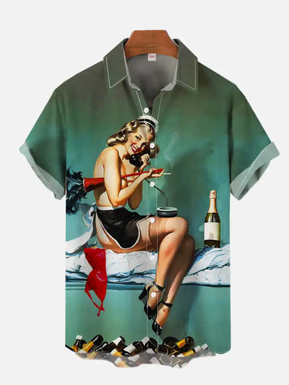1980s Vintage Pin Up Girl Poster Sexy Girls Blonde Beauty 3D Prints Men's Short Sleeved Shirts For Men Fashion Hawaiian Shirt