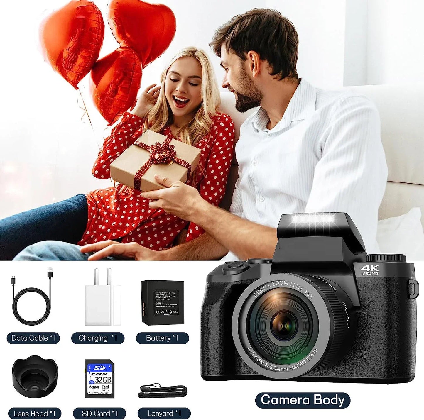 4K DSLR Cameras for Photography 64MP WiFi Auto Focus YouTube Vlogging Video Cameras 60FPS Livestream Camcorder 4" Touch Screen