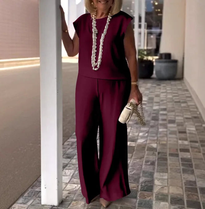 Elegant Women 2-piece Office Set 2025 Group Of Pant Outfit Ladies Temperament Sleeveless O-Neck Blouse Tops&Wide Leg Pants Suit