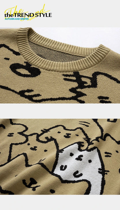 Autumn Cotton Anime Sweaters Men Retro Harajuku Vintage Oversized Sweaters Loose Cute Cartoon Cat Pullovers Homme Men Clothing