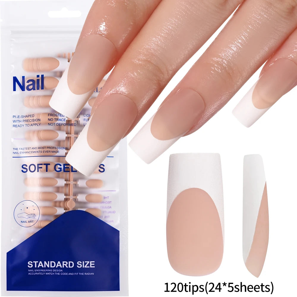 120Pcs Medium Long Square Acrylic French Fake Nails Full Cover Wearable French Press on Nails for Women Mixed Size False Nails