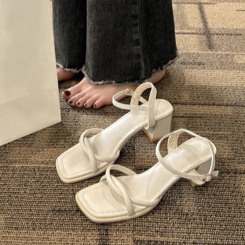 Sandals, 2024 Summer New Fashion Gentle Retro Chunky Non-slip Sandals, A Line with 5cm High Heels Summer Beach Sandals