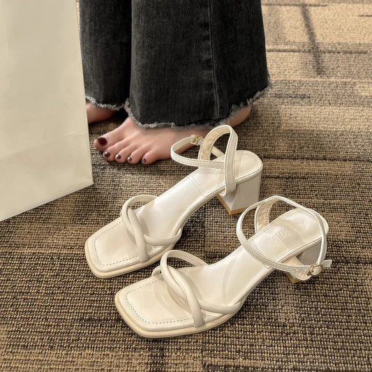 Sandals, 2024 Summer New Fashion Gentle Retro Chunky Non-slip Sandals, A Line with 5cm High Heels Summer Beach Sandals