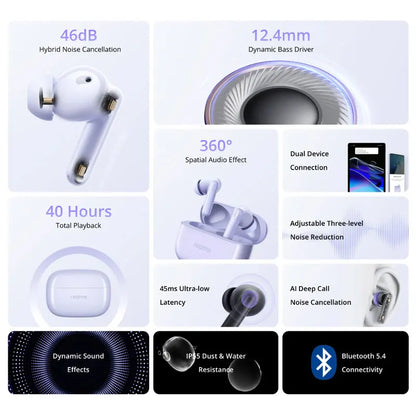 Global Version realme Buds T310 True Wireless Earphone 46dB Active Noise Cancelling TWS Earphone Bluetooth 5.4 For realme phone