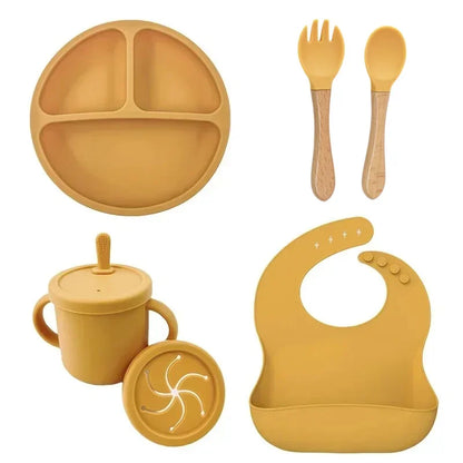 Food Grade Silicone Child Dish Set Baby Feeding Bowl Suction Plate Straw Cup Wooden Spoon Fork for Kids Tableware Toddler Dishes