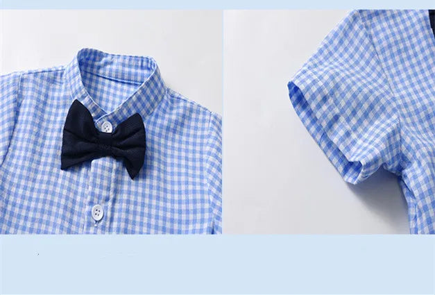 Summer Baby Boys Birthday Clothes Set Children British Style Blue Plaid Shirt with Pants Infants Top Shorts and Bow Kids Outfits