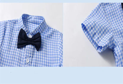 Summer Baby Boys Birthday Clothes Set Children British Style Blue Plaid Shirt with Pants Infants Top Shorts and Bow Kids Outfits
