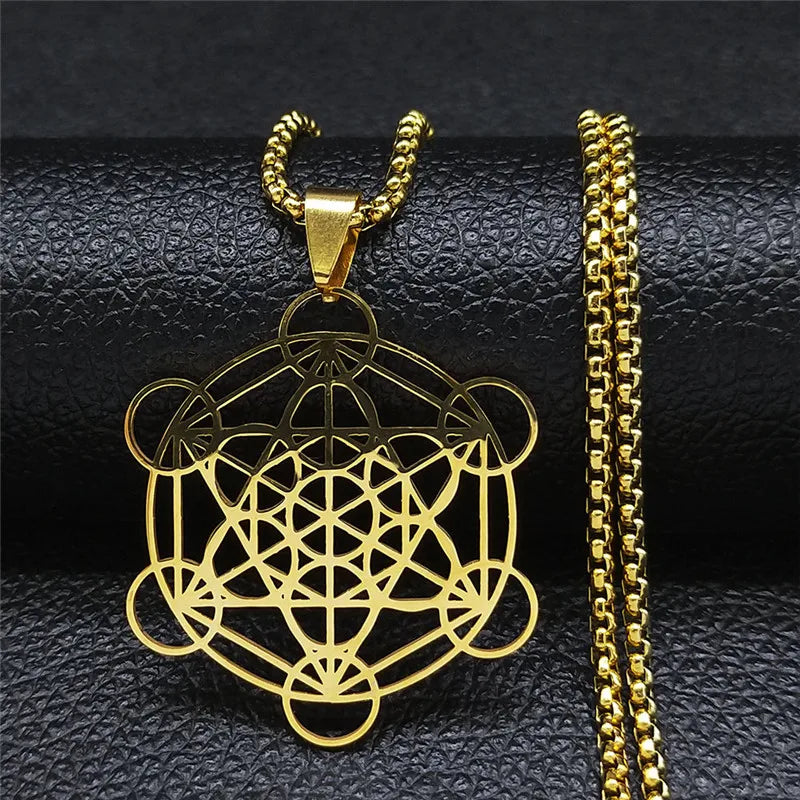 Flower of Life Chakra Spiritual Necklace for Women Stainless Steel Sacred Geometry Metatron Cube Salomon Men collar Jewelry
