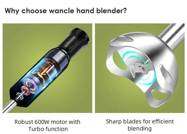 Wancle 600W Electric Hand Immersion Blender Multifunctional Kitchen Mixer For Baby Food Vegetable Meat Grinder Turbo Function