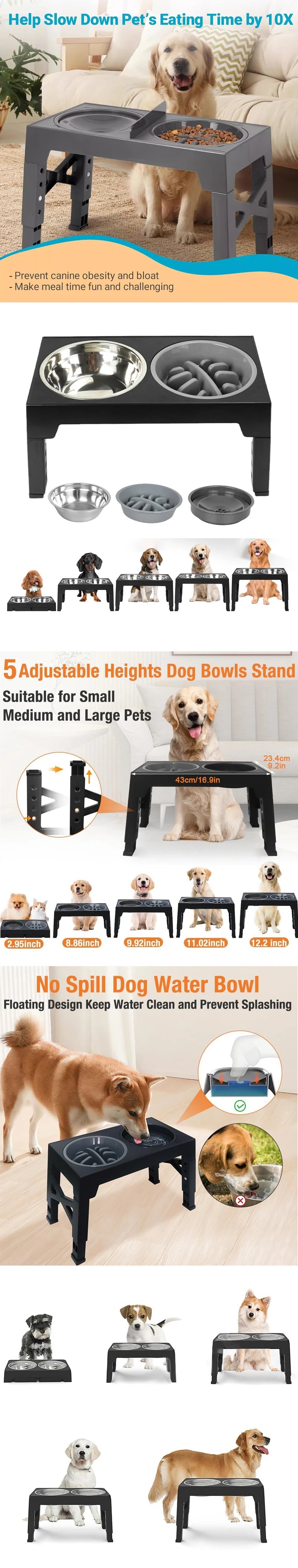 Elevated Dog Feeder with Adjustable Raised Stand, Slow Food Bowl, Water Feeders for Large and Medium Dogs