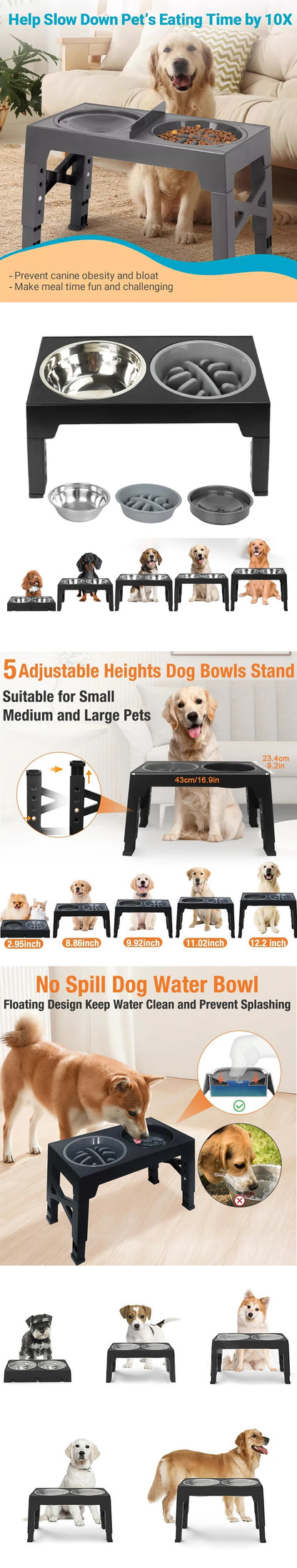 Elevated Dog Feeder with Adjustable Raised Stand, Slow Food Bowl, Water Feeders for Large and Medium Dogs