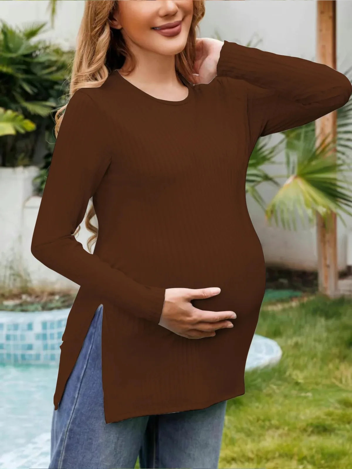 Spring New Maternity Clothes Round Neck Solid Color Slit Long Sleeve Base T-shirt Tops For Pregnant Women Maternity Wear