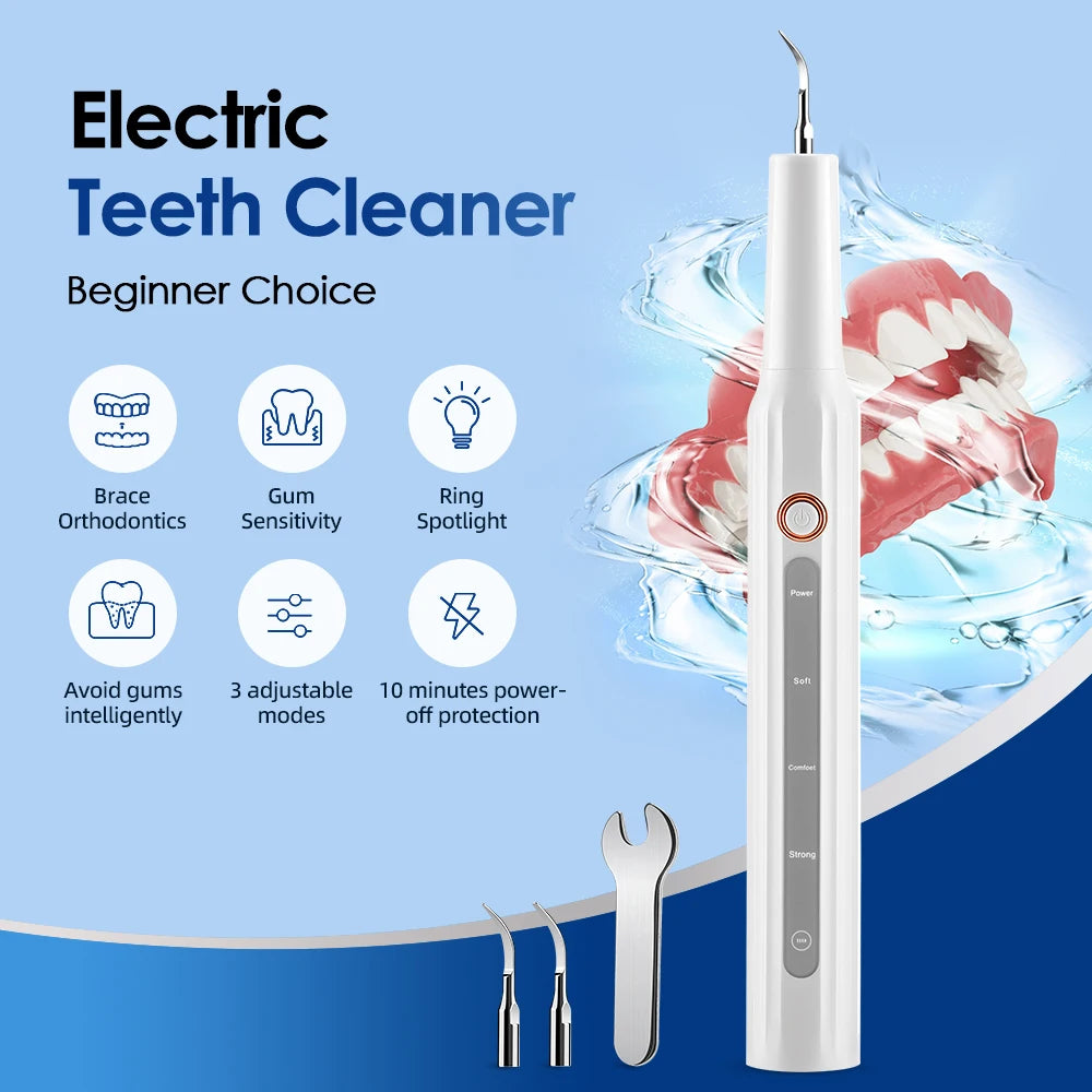 Electric Ultrasonic Vibration Teeth Cleaner with LED Light Teeth Scaler Tartar for Calculus Plaque Remover Rechargeable Home Use