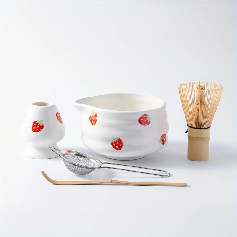1/3/4/5pcs cute strawberry mouth matcha bowl and matcha whisk set, Japanese fresh matcha tool set and matcha bowl