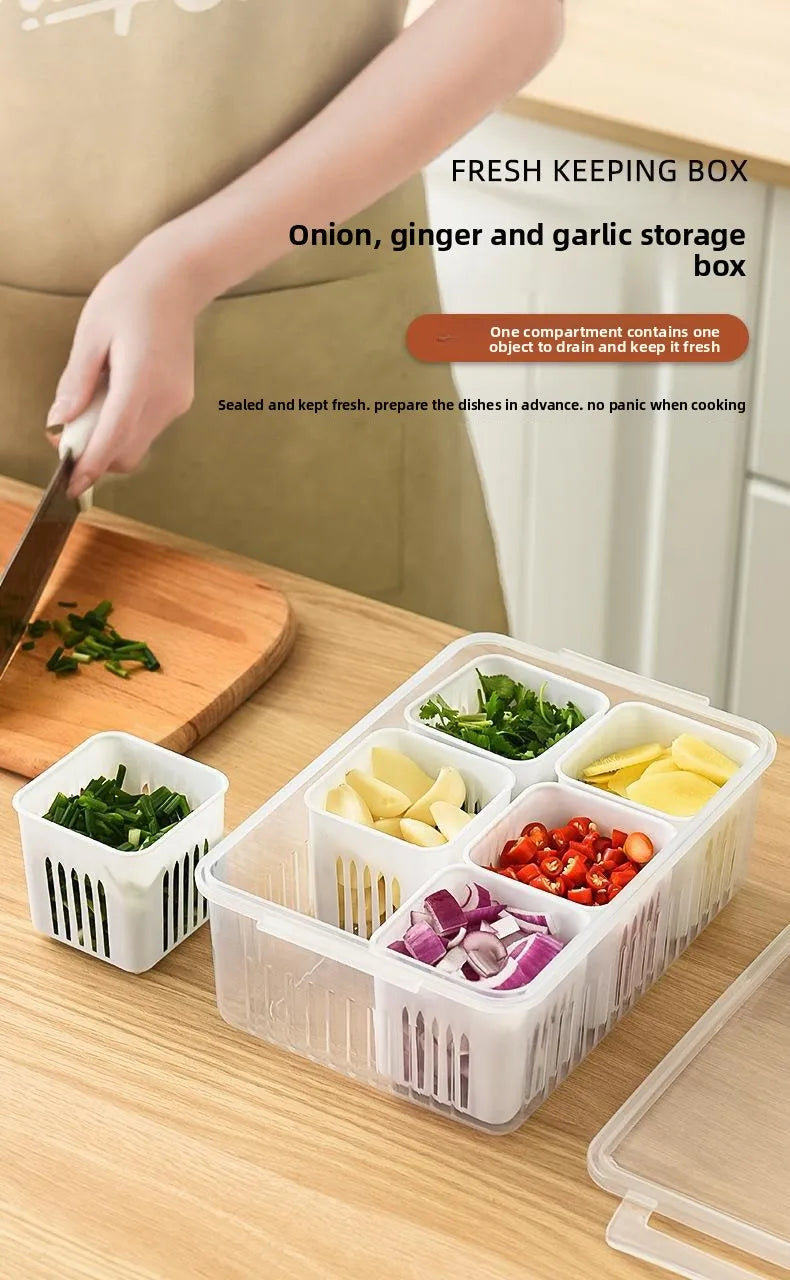 Six Grid Refrigerator Crisper Storage Containers Fridge Fresh Vegetable Fruit Boxes Drain Basket Kitchen Organizer Tools