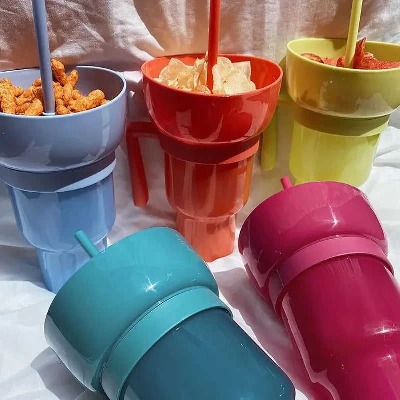 New 2 IN 1 Creative Popcorn Snack Cup Integrated Beverage Cup with Handle Portable Beverage Cup Novel Design and Many Functions