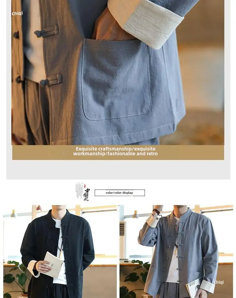 Traditional Chinese Men's Tang Suit Cotton Linen Ancient Costume Tea Servant Zen Meditation Clothing Middle Mountain Hanfu
