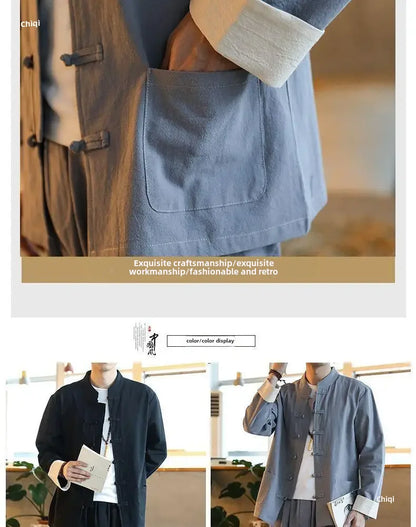 Traditional Chinese Men's Tang Suit Cotton Linen Ancient Costume Tea Servant Zen Meditation Clothing Middle Mountain Hanfu