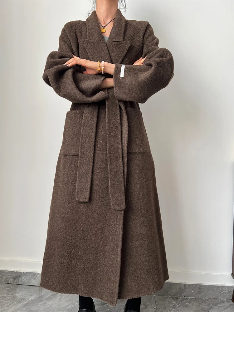 Office Lady Woolen Jackets 2024 Autumn And Winter Bathrobe Style Pocket Double-Sided Loose Lace -Up Tie Women's Long Wool Coats