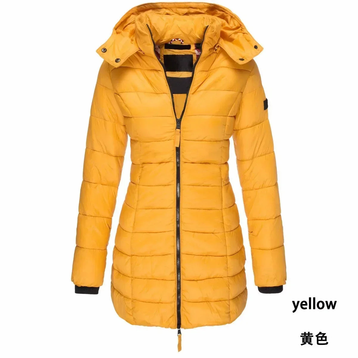 Winter Women's Cotton Jacket Medium Length Slim Fitting Cotton Jacket Warm Solid Hooded Cotton Jacket