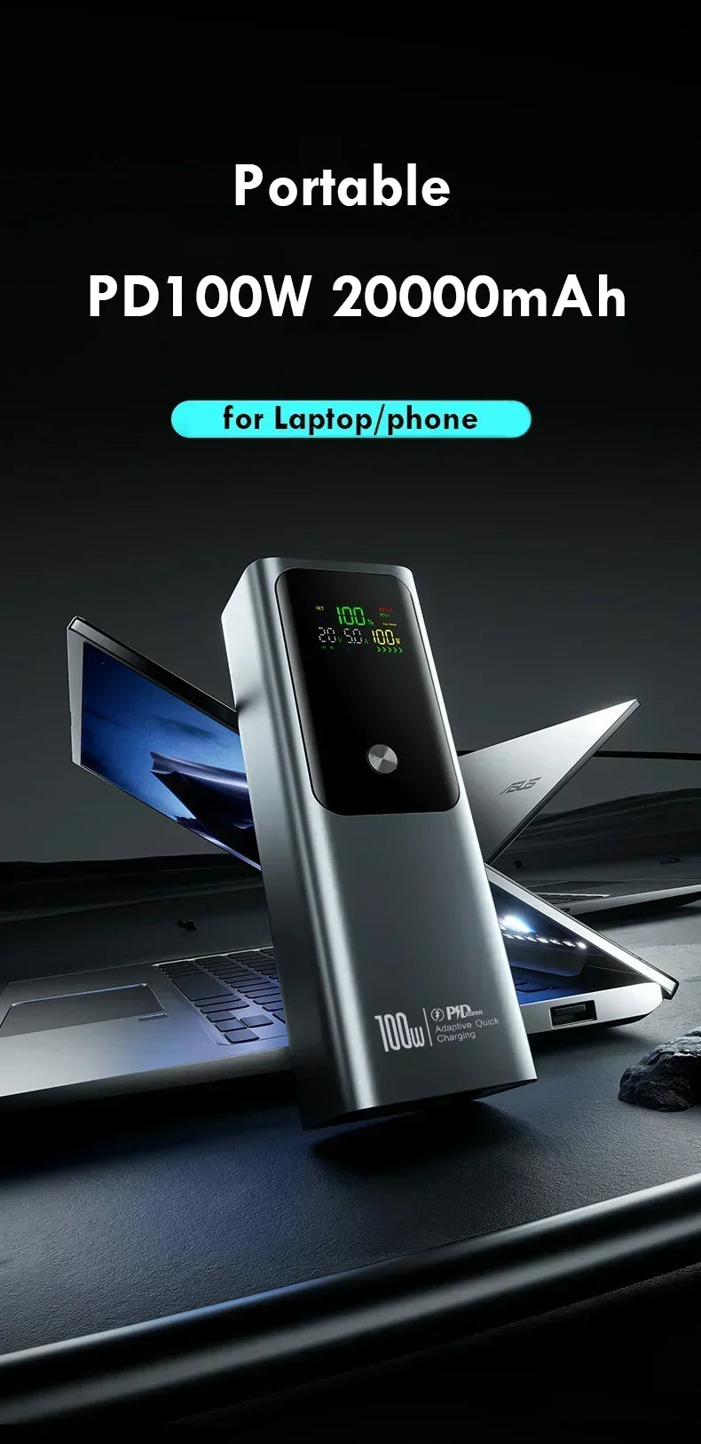 20000mAh High Quality Power Bank 100W Portable Fast Charging Powerbank External Spare Battery For IPhone Xiaomi Laptop 보조배터리