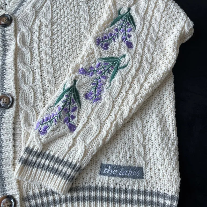 Butterfly Knitted Cardigan Women Dark Green Cardigans with Embroidery Winter Letter Patch Oversized Sweaters Tops Folklore Girl