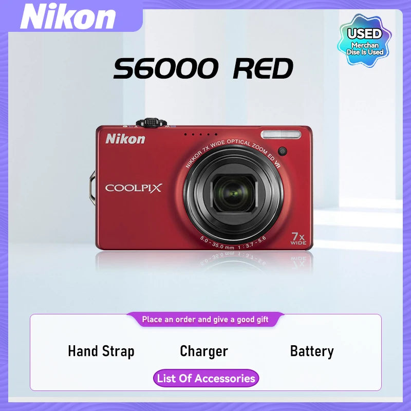 Nikon COOLPIX S6000 S6100 S6200 Portable Small Card Digital Camera 10X Optical Zoom Lens 16.00MP 720P HD Video Cameras（Used）