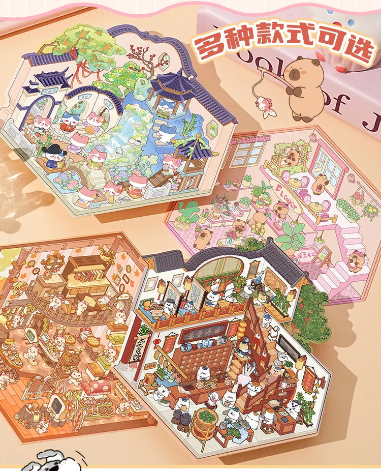 Cartoon 3D Chinatown Landscape Sticker Theater Pharmacy Restaurant DIY Pocket Cabin Scene Stickers Gift for Kid Child