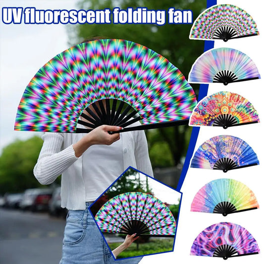 33cm Large Folding Hand Rave Fan Chinease/Japanese Gifts Fan Dance Music Colorful Fan Festival Fan Gradient Reflective Fold