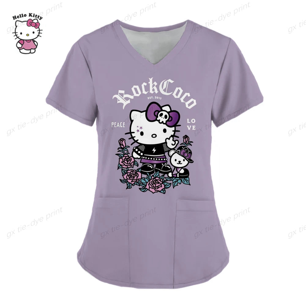 Hello Kitty Print surgical uniforms pharmacy hospital nurse scrubs tops breathable beauty salon dentistry pet doctor overalls
